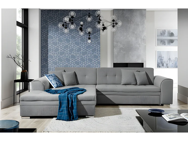 Canapé d'angle convertible en tissu de qualité, gris, 5/6 places, angle gauche (vu de face) - SOHO