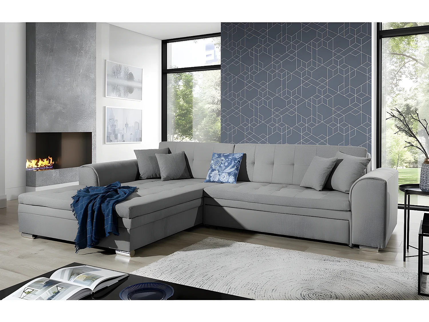Canapé d'angle convertible en tissu de qualité, gris, 5/6 places, angle gauche (vu de face) - SOHO