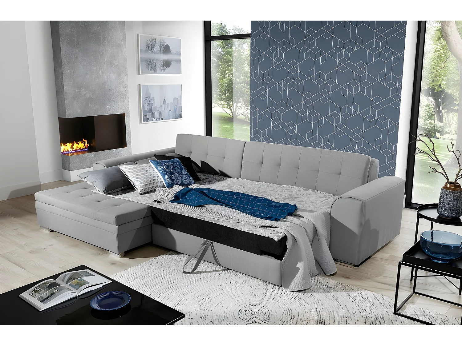 Canapé d'angle convertible en tissu de qualité, gris, 5/6 places, angle gauche (vu de face) - SOHO