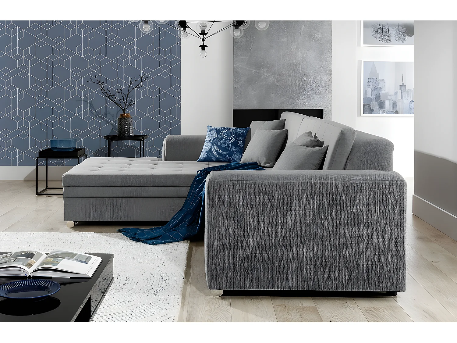 Canapé d'angle convertible en tissu de qualité, gris, 5/6 places, angle gauche (vu de face) - SOHO