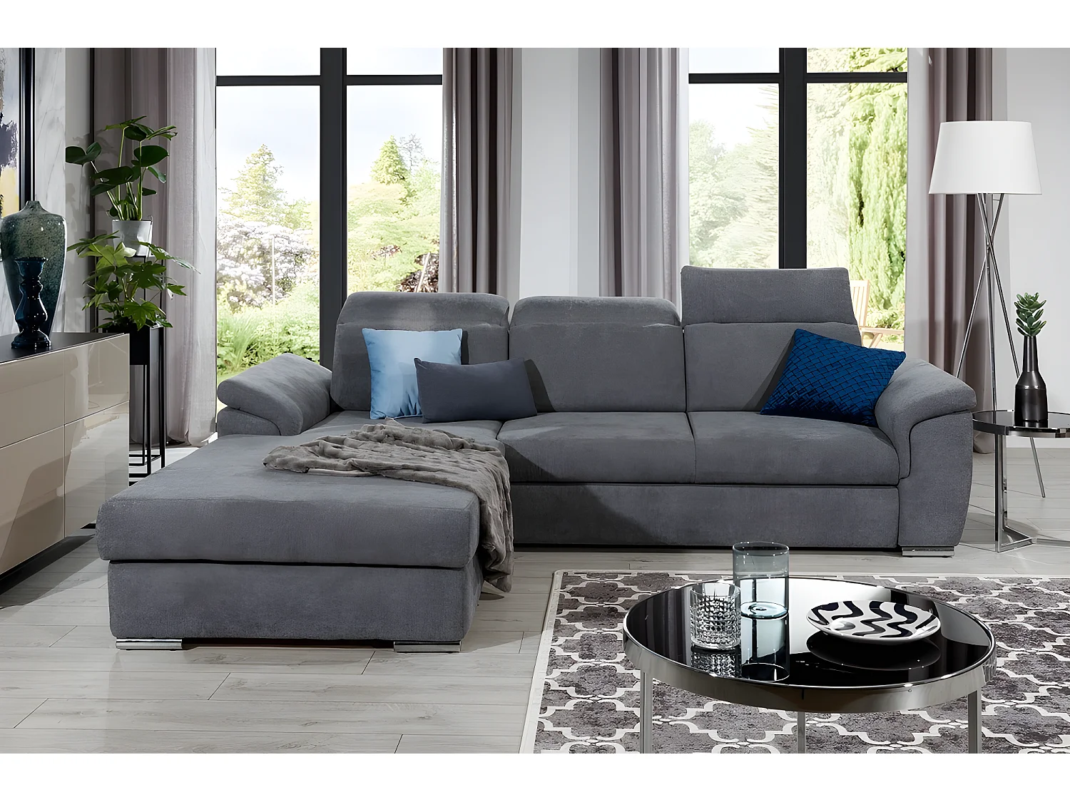 Canapé d'angle convertible en tissu Luxe gris foncé, 5 places, angle gauche (vu de face) , TRESOR