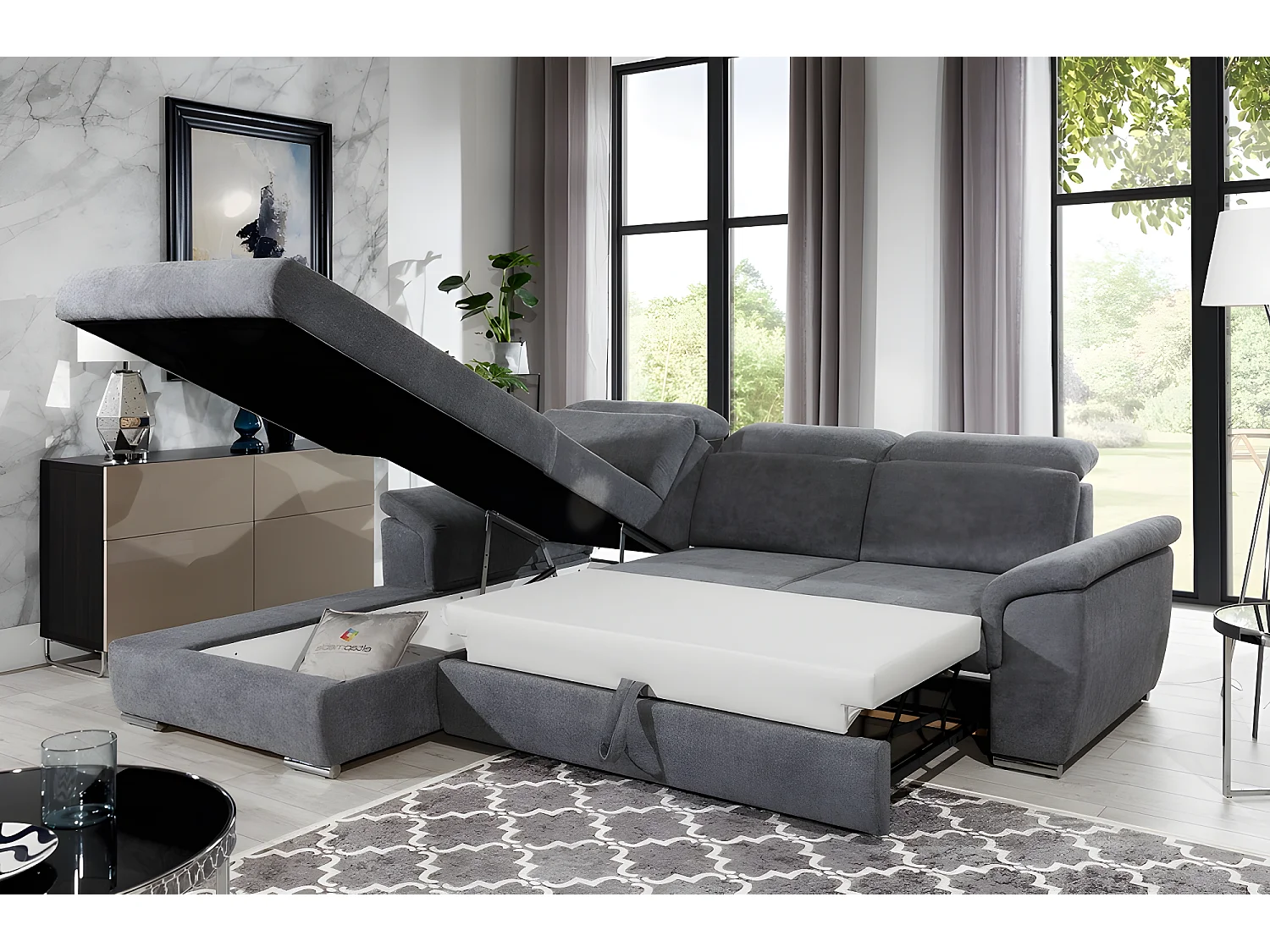 Canapé d'angle convertible en tissu Luxe gris foncé, 5 places, angle gauche (vu de face) , TRESOR