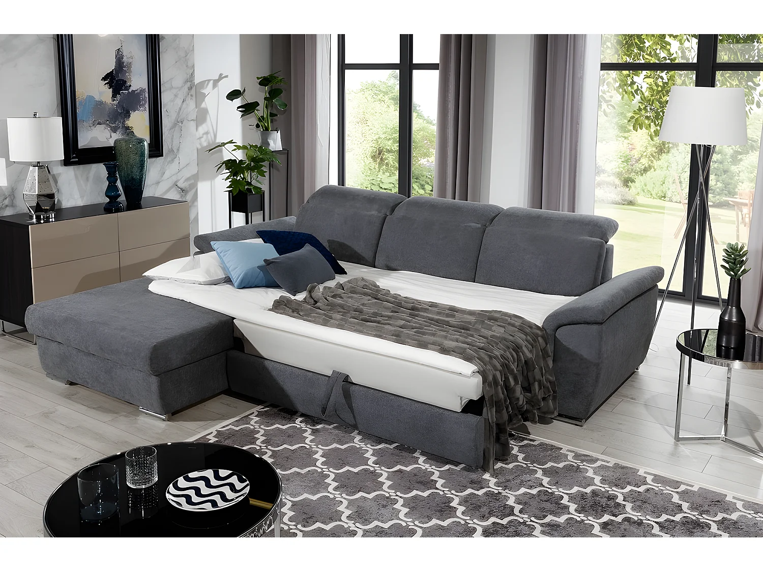 Canapé d'angle convertible en tissu Luxe gris foncé, 5 places, angle gauche (vu de face) , TRESOR