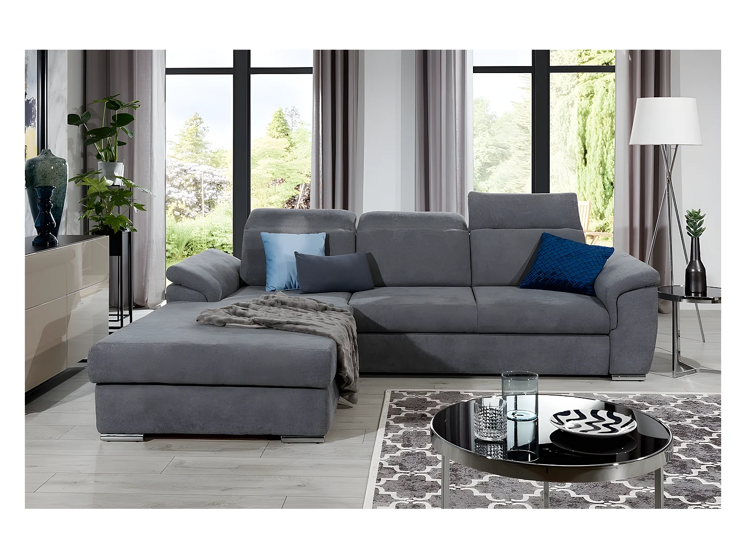 Canapé d'angle convertible en tissu Luxe gris foncé, 5 places, angle gauche (vu de face) , TRESOR