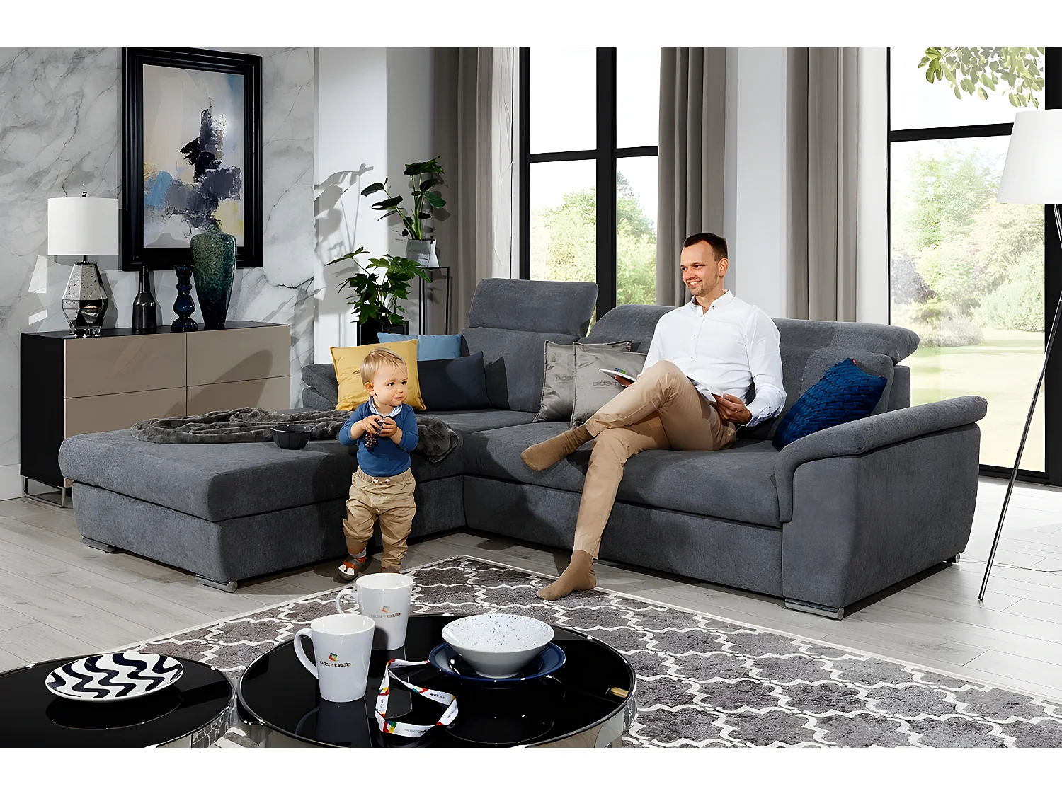 Canapé d'angle convertible en tissu Luxe gris foncé, 5 places, angle gauche (vu de face) , TRESOR