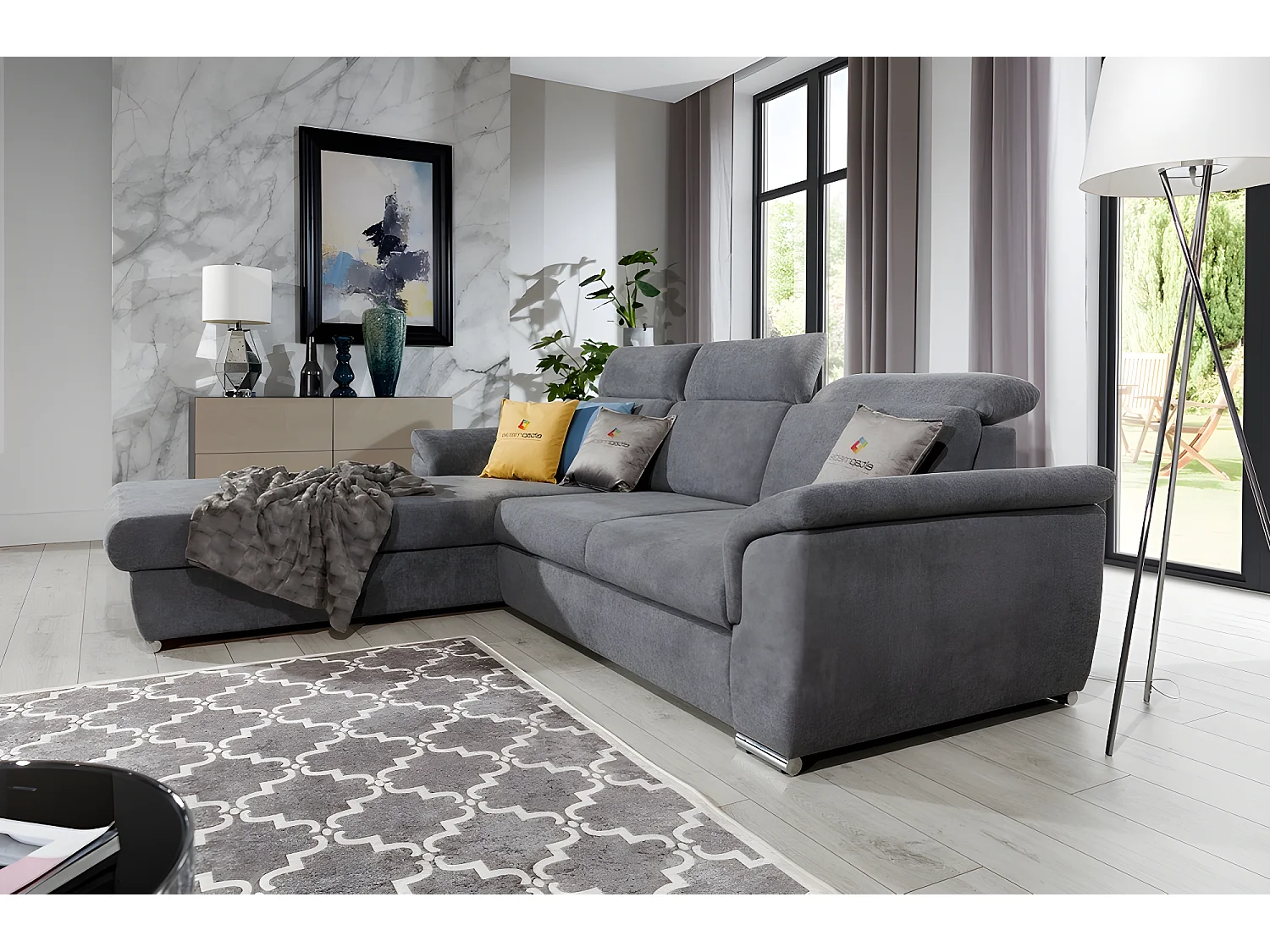 Canapé d'angle convertible en tissu Luxe gris foncé, 5 places, angle gauche (vu de face) , TRESOR