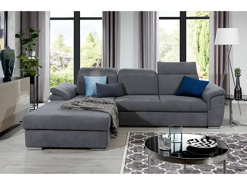 Hoekbank van luxe donkergrijze stof met opbergruimte en verstelbare hoofdsteunen