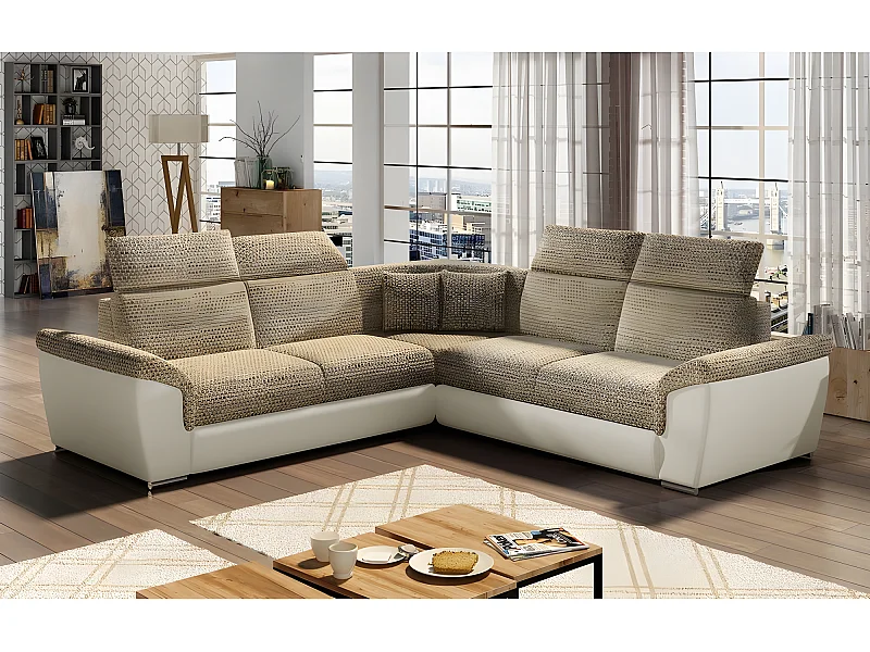 Canapé d'angle - convertible - FELIPE - en tissu beige et simili cuir écru, 5/6 places