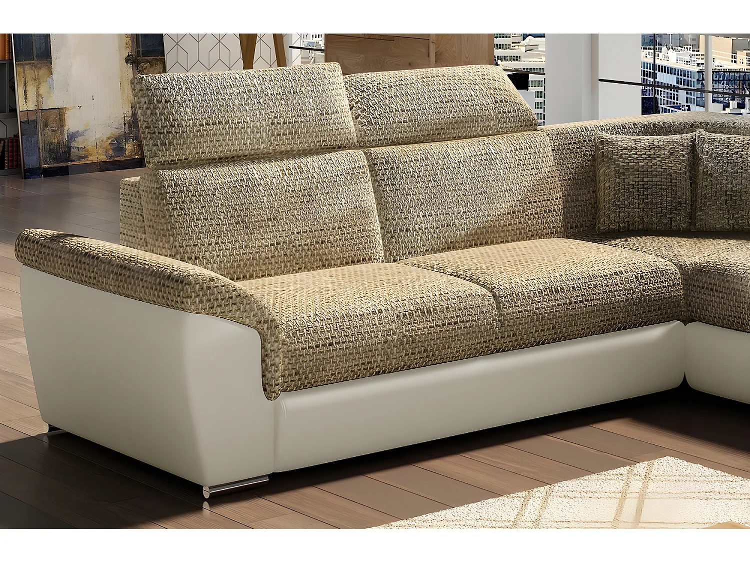 Canapé d'angle - convertible - FELIPE - en tissu beige et simili cuir écru, 5/6 places