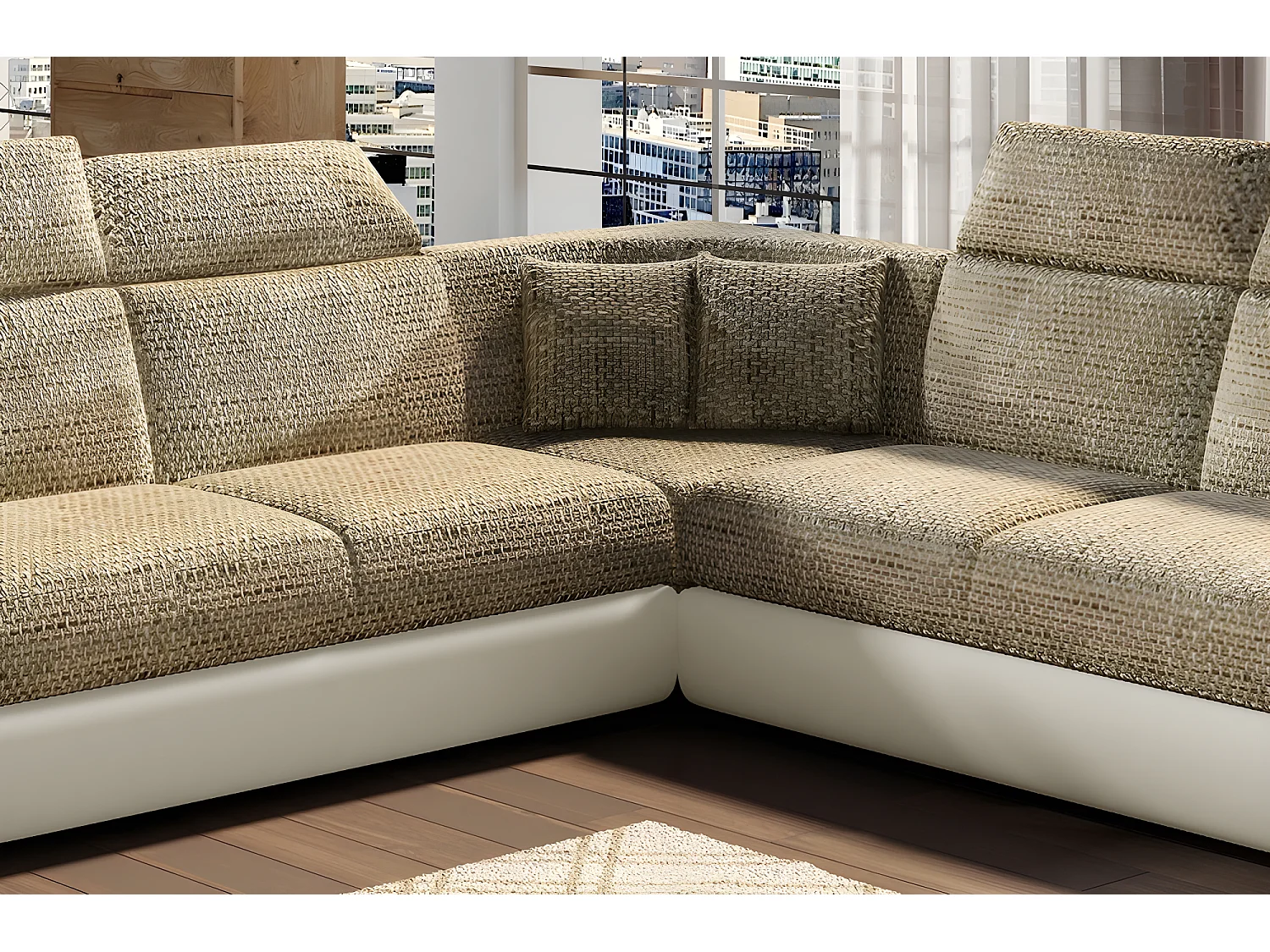 Canapé d'angle - convertible - FELIPE - en tissu beige et simili cuir écru, 5/6 places