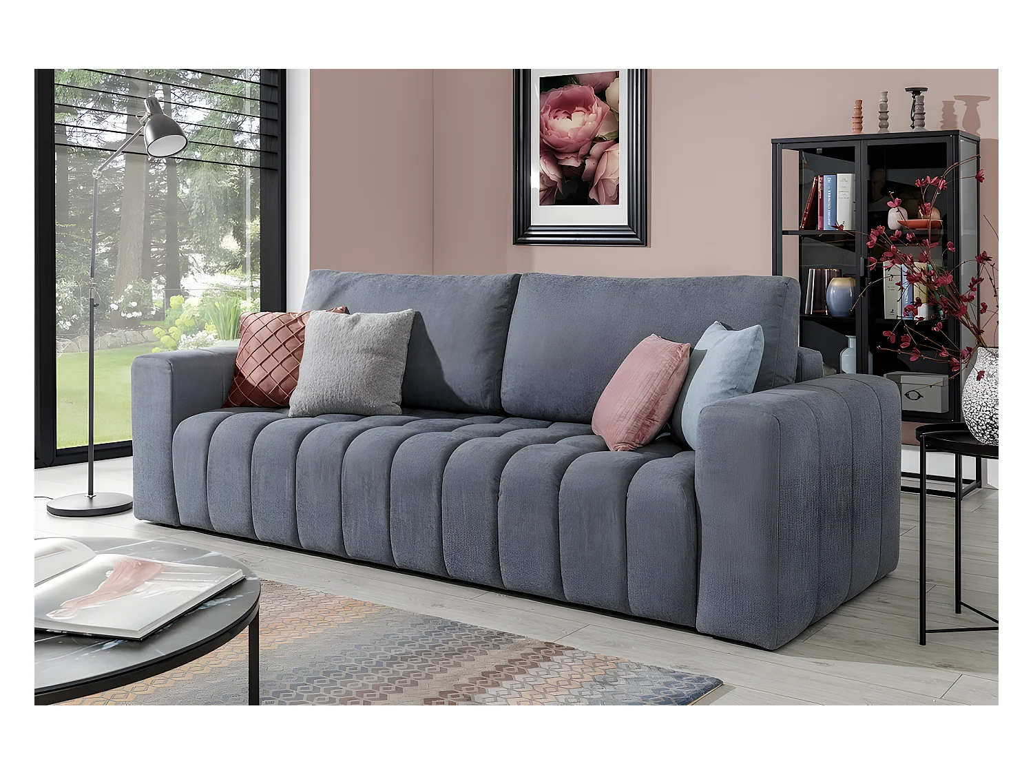 Canapé 3 places convertible et espace de rangement - Gris - en tissu de qualité luxe, LAZIO