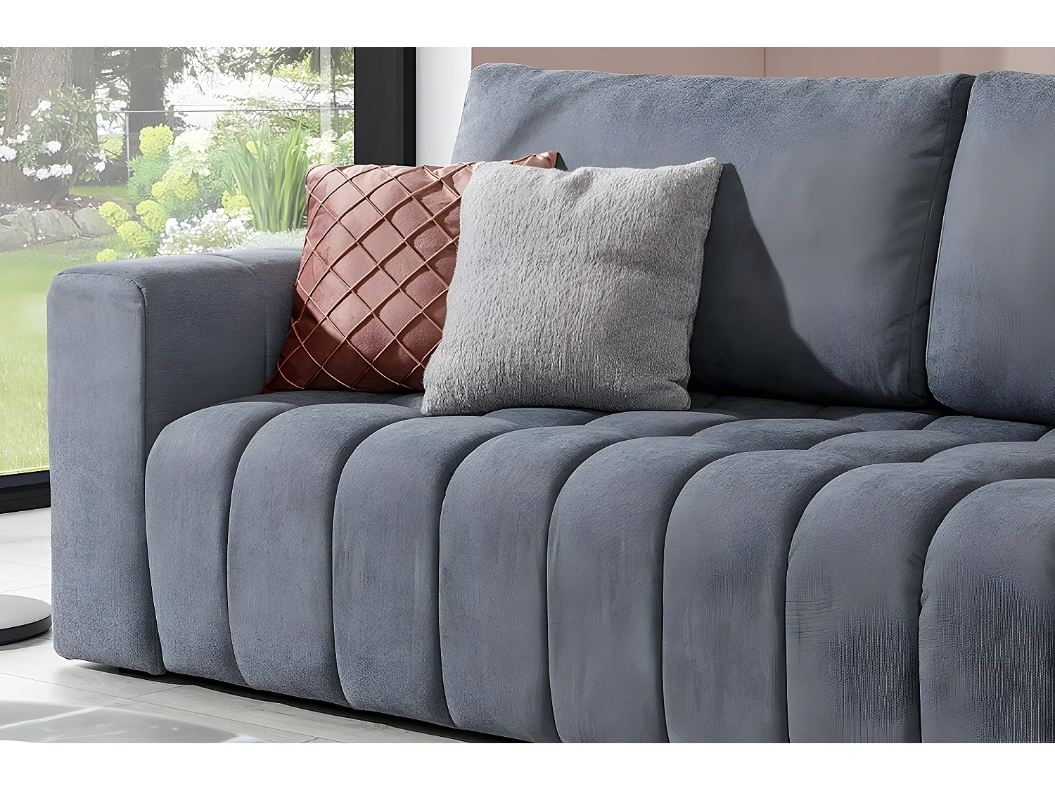 Canapé 3 places convertible et espace de rangement - Gris - en tissu de qualité luxe, LAZIO