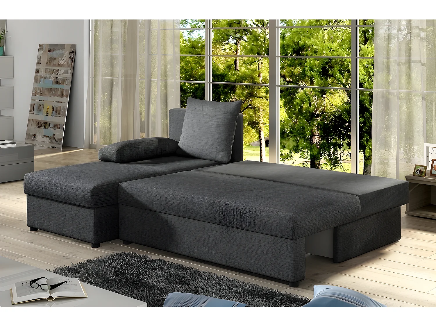 Canapé d'angle convertible - GILO - en tissu luxe 3/4 places - gris foncé, angle gauche (vu de face)