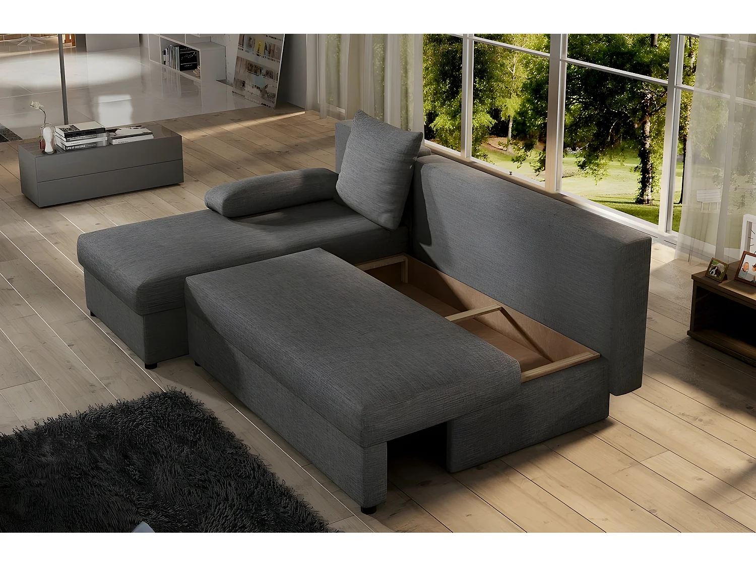 Canapé d'angle convertible - GILO - en tissu luxe 3/4 places - gris foncé, angle gauche (vu de face)