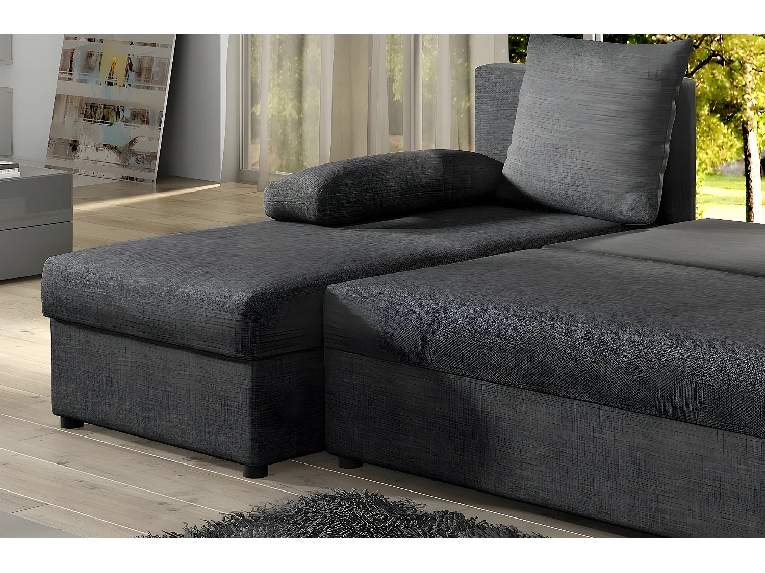 Canapé d'angle convertible - GILO - en tissu luxe 3/4 places - gris foncé, angle gauche (vu de face)