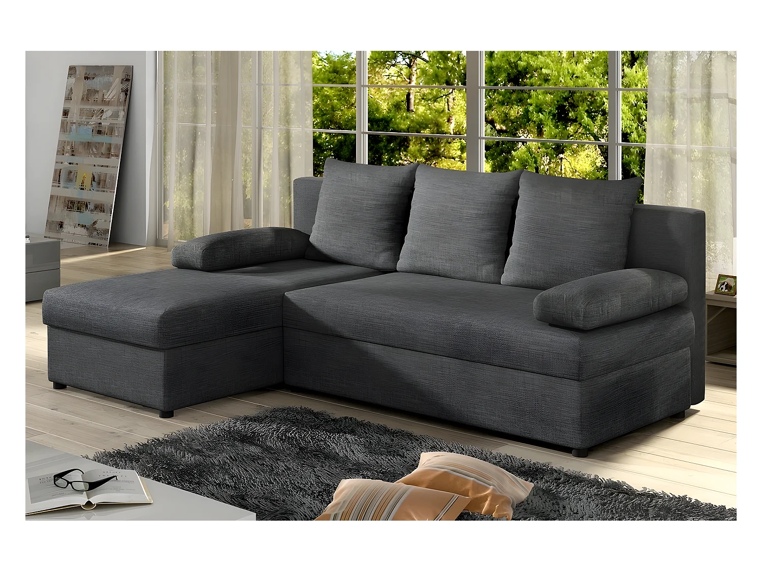 Canapé d'angle convertible - GILO - en tissu luxe 3/4 places - gris foncé, angle gauche (vu de face)