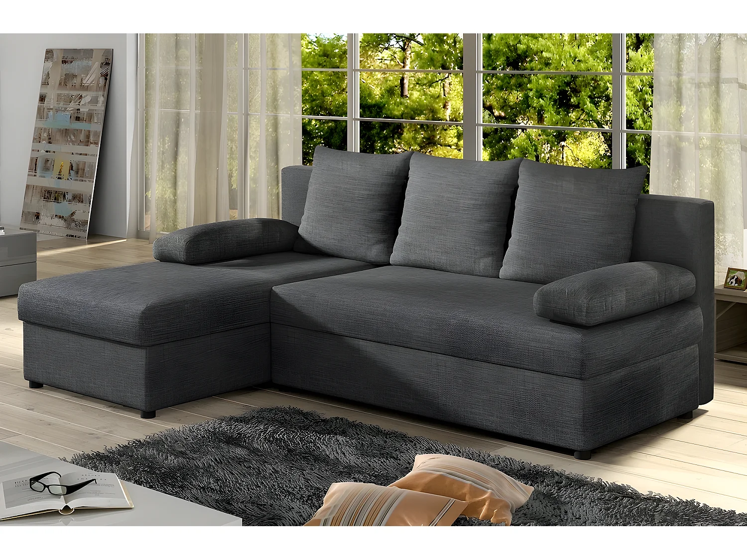 Canapé d'angle convertible - GILO - en tissu luxe 3/4 places - gris foncé, angle gauche (vu de face)