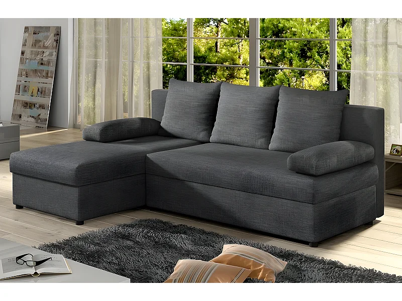 Canapé d'angle convertible - GILO - en tissu luxe 3/4 places - gris foncé, angle gauche (vu de face)