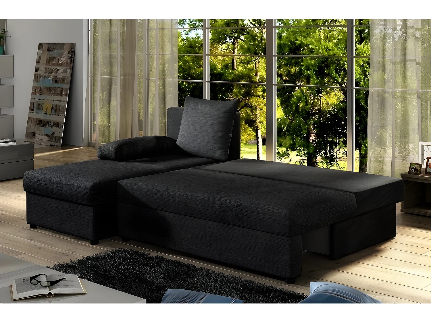 Canapé d'angle convertible - GILO - en tissu luxe 3/4 places, noir, angle gauche (vu de face)