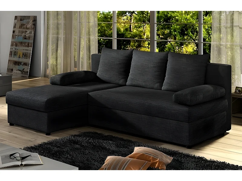 Canapé d'angle convertible - GILO - en tissu luxe 3/4 places, noir, angle gauche (vu de face)