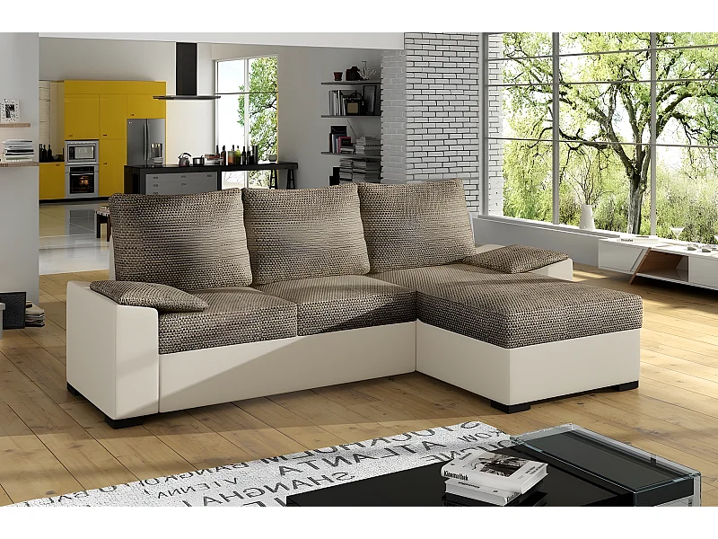 Canapé d'angle convertible - en tissu marron et simili beige, angle droit (vu de face) - LUCAS