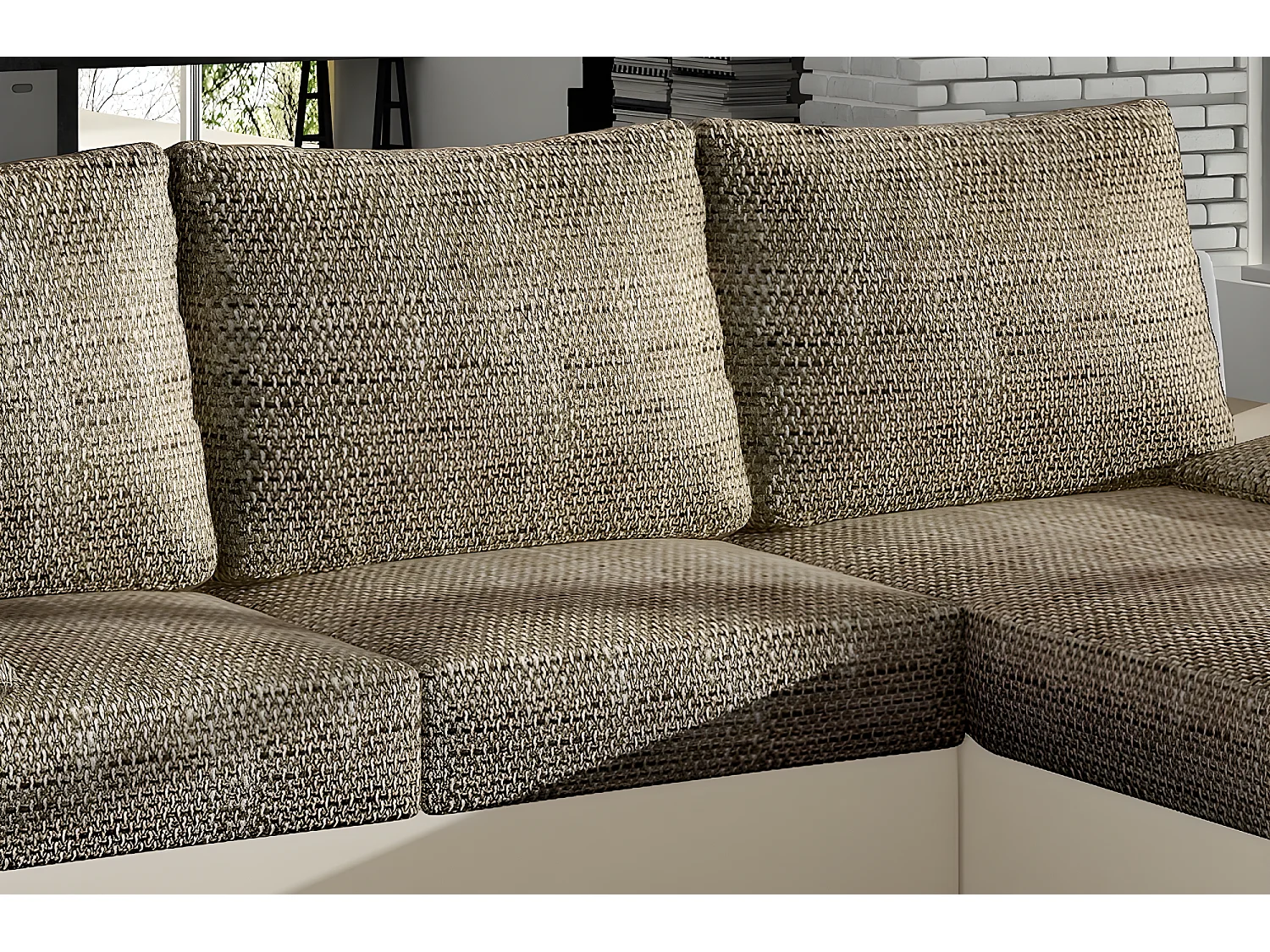 Canapé d'angle convertible - en tissu marron et simili beige, angle droit (vu de face) - LUCAS