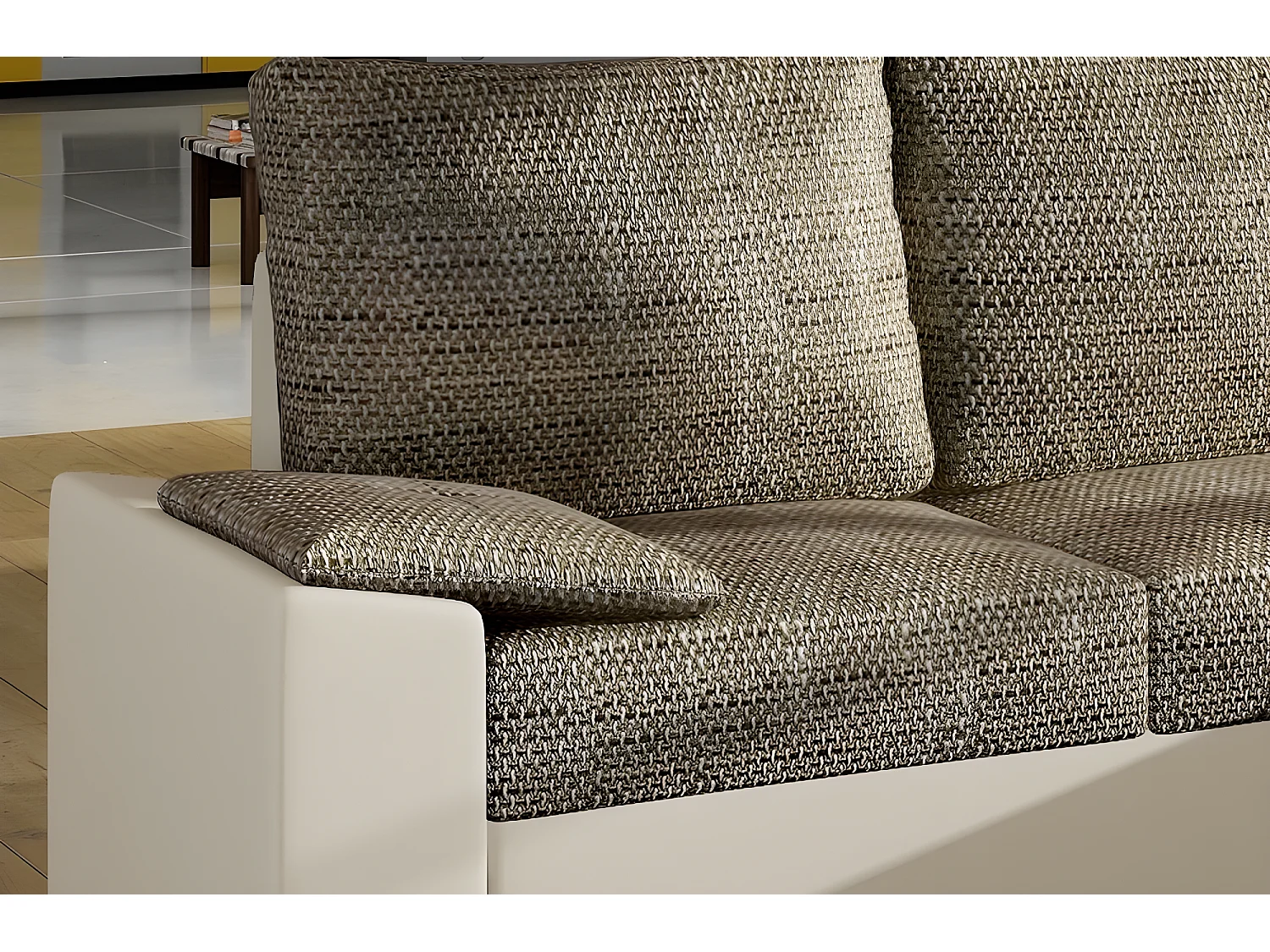 Canapé d'angle convertible - en tissu marron et simili beige, angle droit (vu de face) - LUCAS