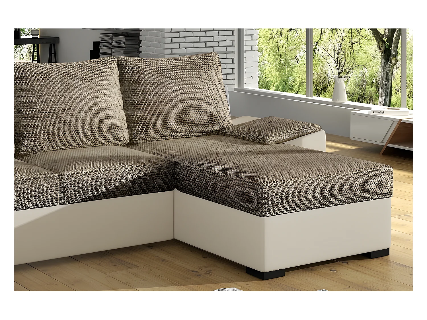 Canapé d'angle convertible - en tissu marron et simili beige, angle droit (vu de face) - LUCAS