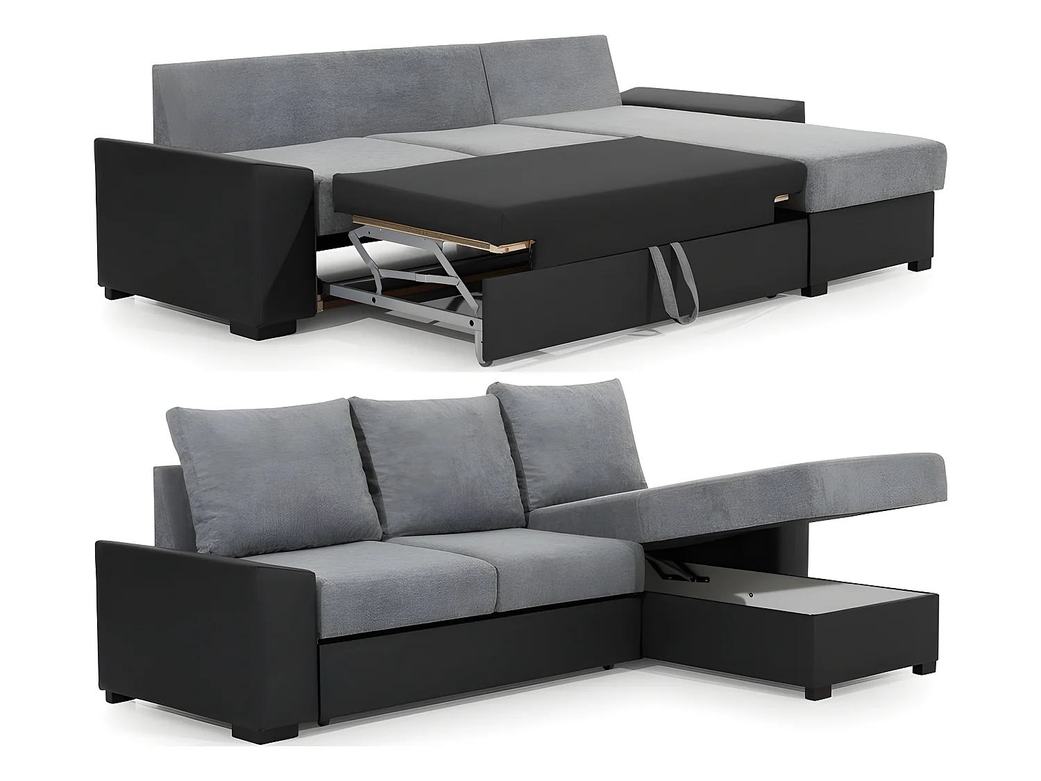 Canapé d'angle convertible - en tissu marron et simili beige, angle droit (vu de face) - LUCAS
