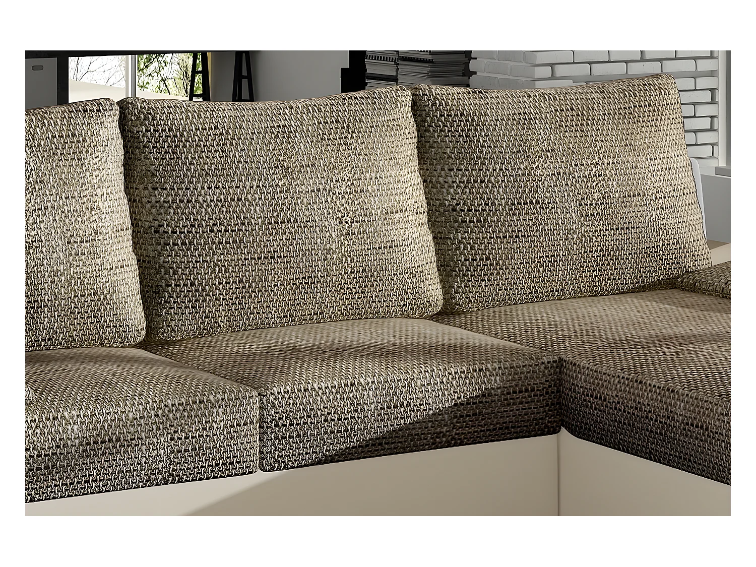 Canapé d'angle convertible - en tissu marron et simili beige, angle droit (vu de face) - LUCAS