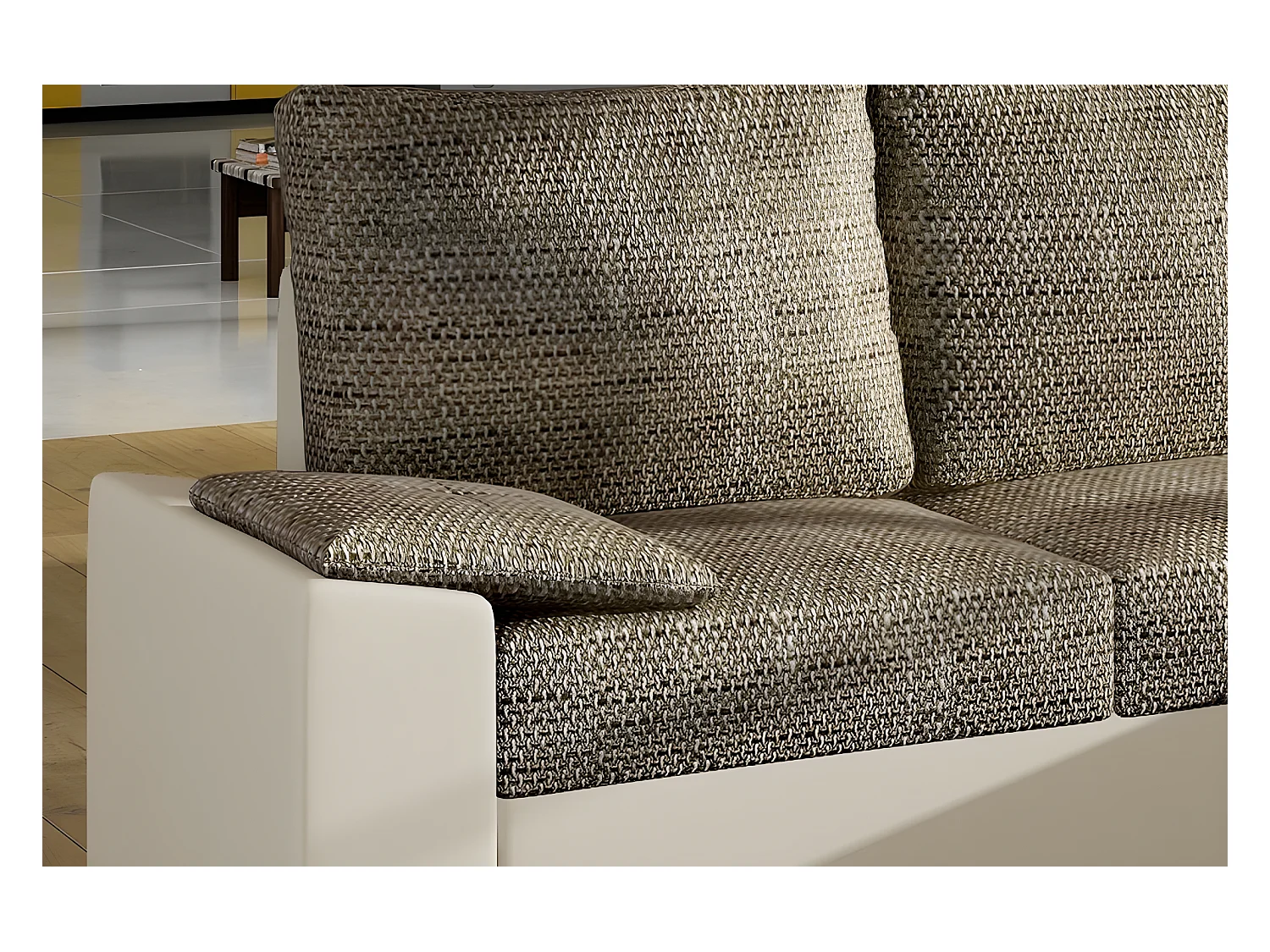 Canapé d'angle convertible - en tissu marron et simili beige, angle droit (vu de face) - LUCAS