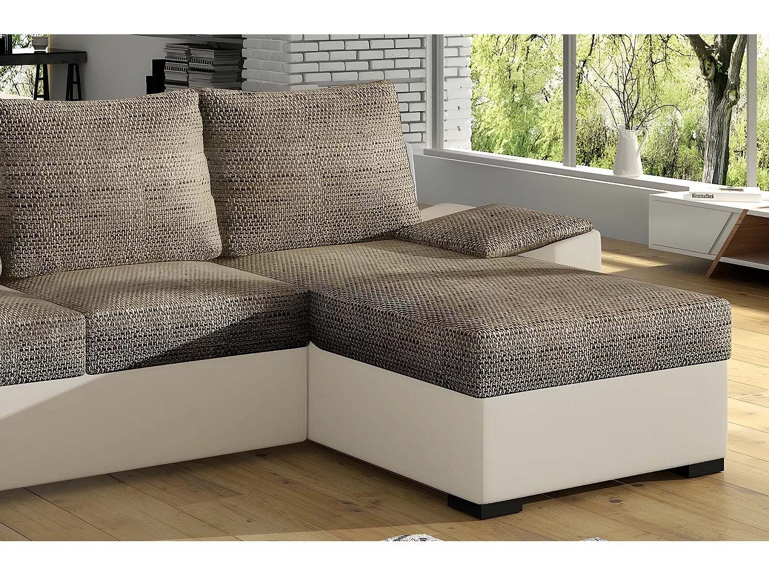 Canapé d'angle convertible - en tissu marron et simili beige, angle droit (vu de face) - LUCAS