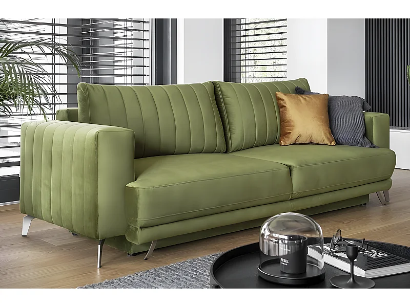 Canapé 3/4 places convertible et espace de rangement - vert - en tissu de qualité luxe, ELSA