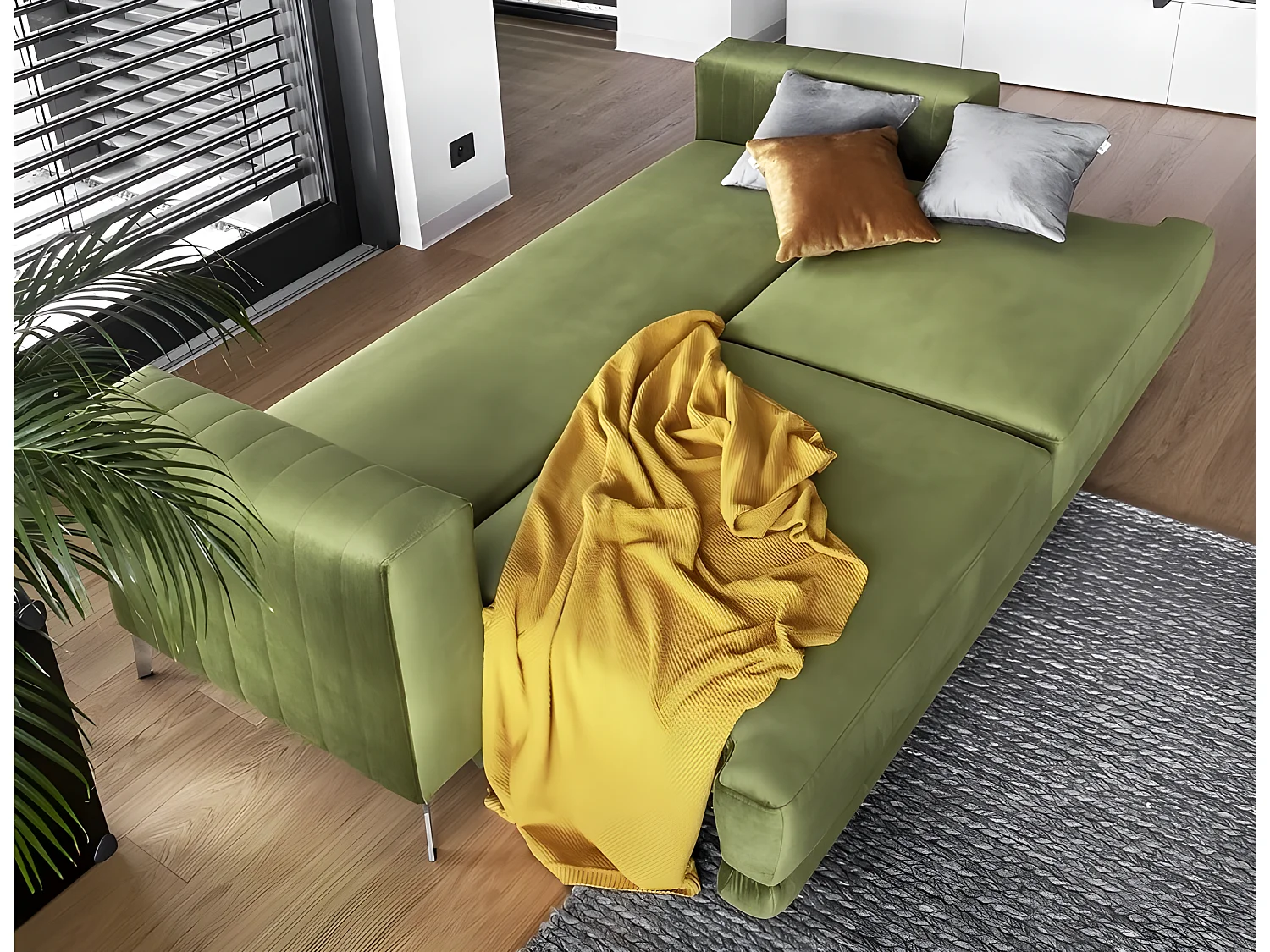 Canapé 3/4 places convertible et espace de rangement - vert - en tissu de qualité luxe, ELSA