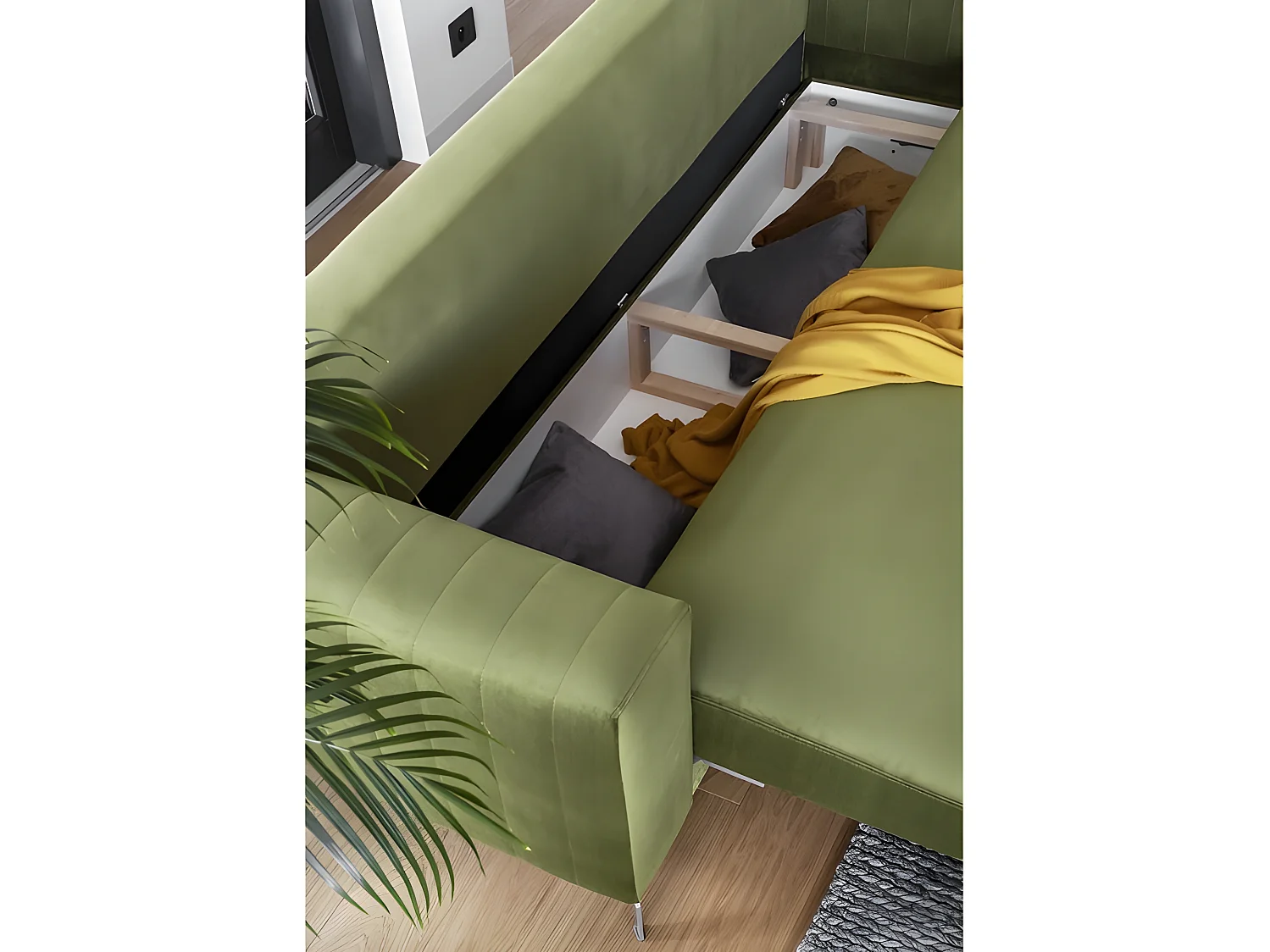 Canapé 3/4 places convertible et espace de rangement - vert - en tissu de qualité luxe, ELSA