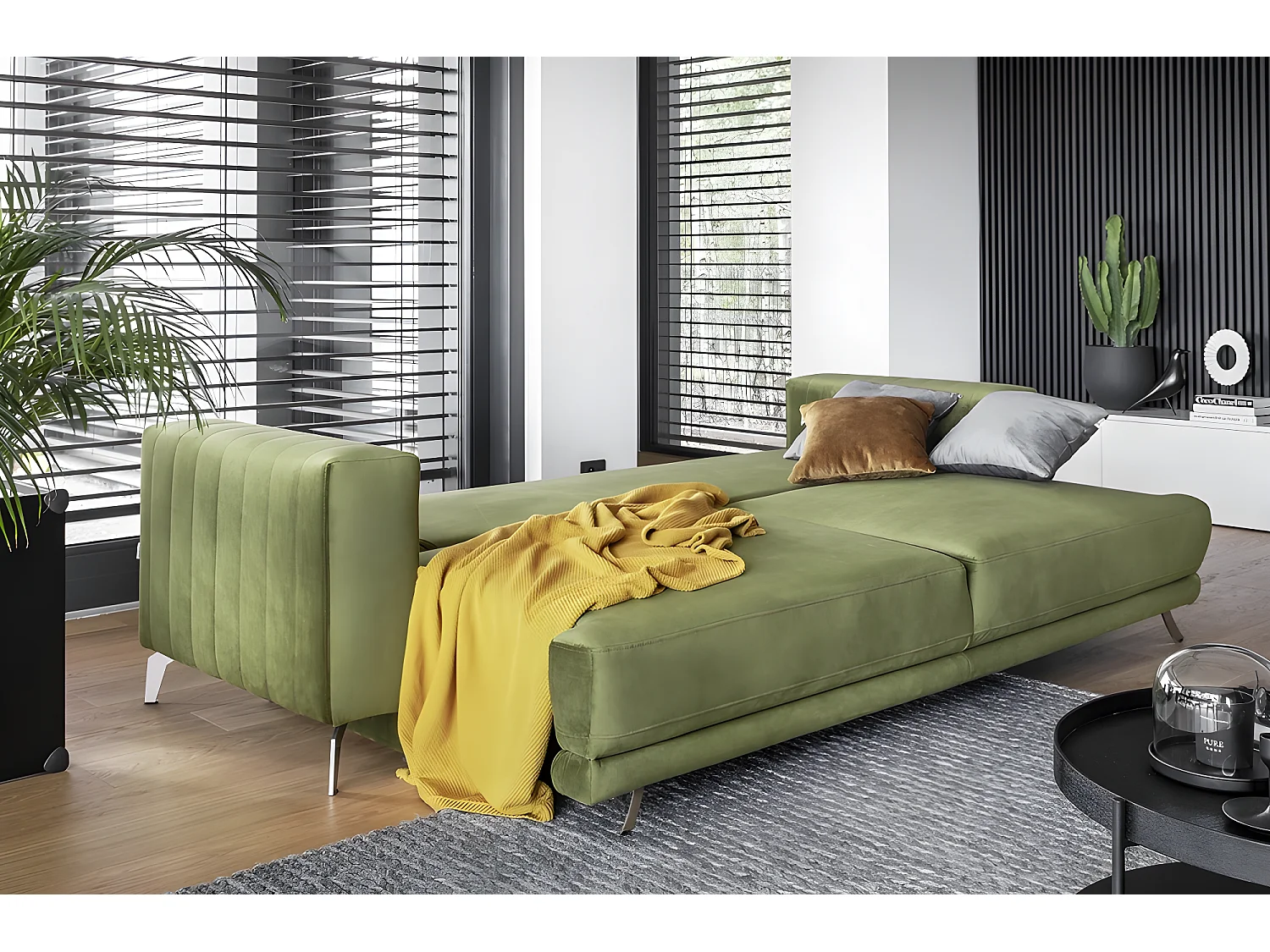 Canapé 3/4 places convertible et espace de rangement - vert - en tissu de qualité luxe, ELSA