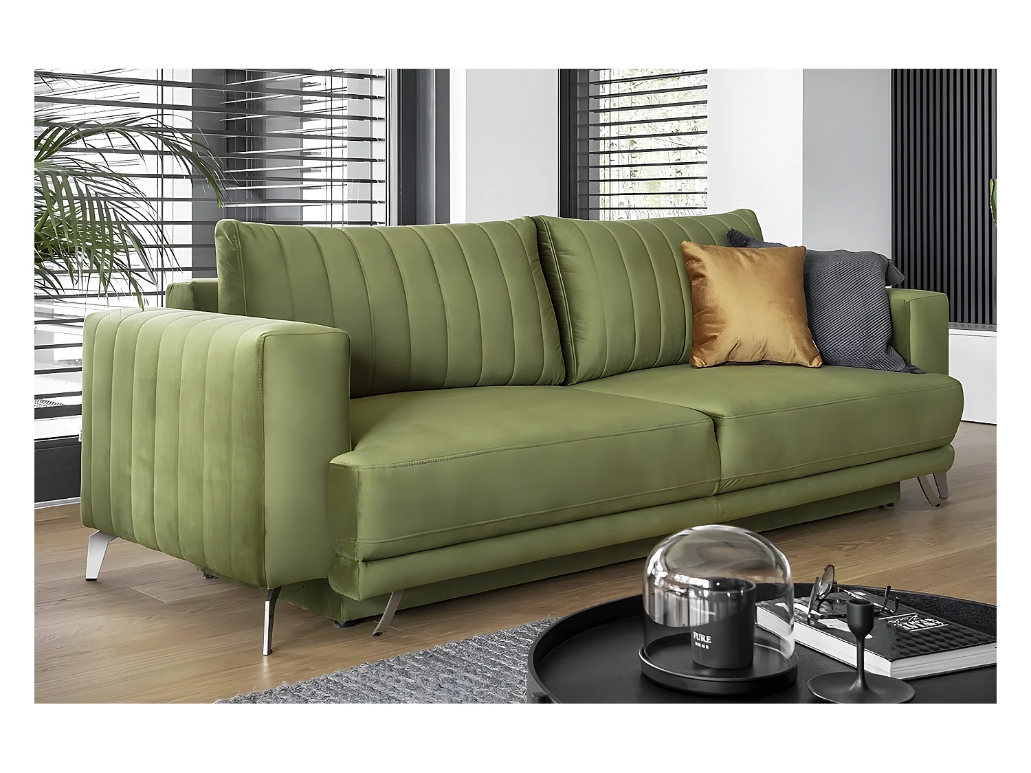 Canapé 3/4 places convertible et espace de rangement - vert - en tissu de qualité luxe, ELSA