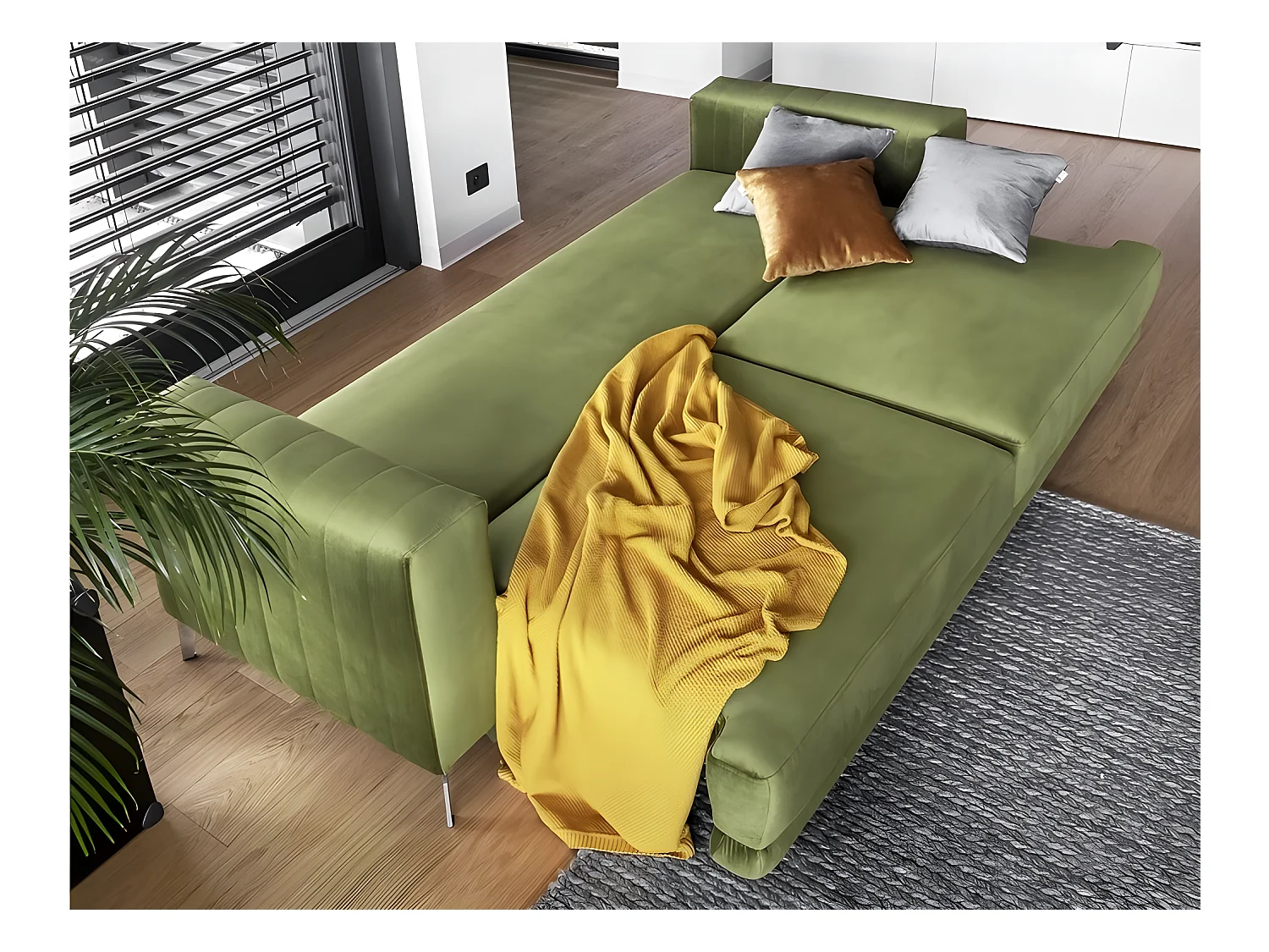 Canapé 3/4 places convertible et espace de rangement - vert - en tissu de qualité luxe, ELSA