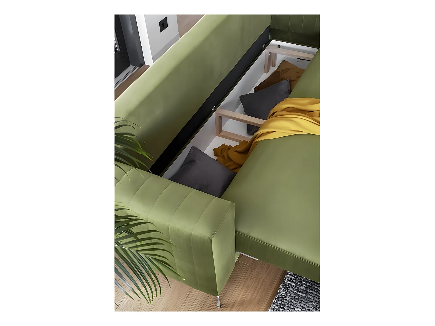 Canapé 3/4 places convertible et espace de rangement - vert - en tissu de qualité luxe, ELSA