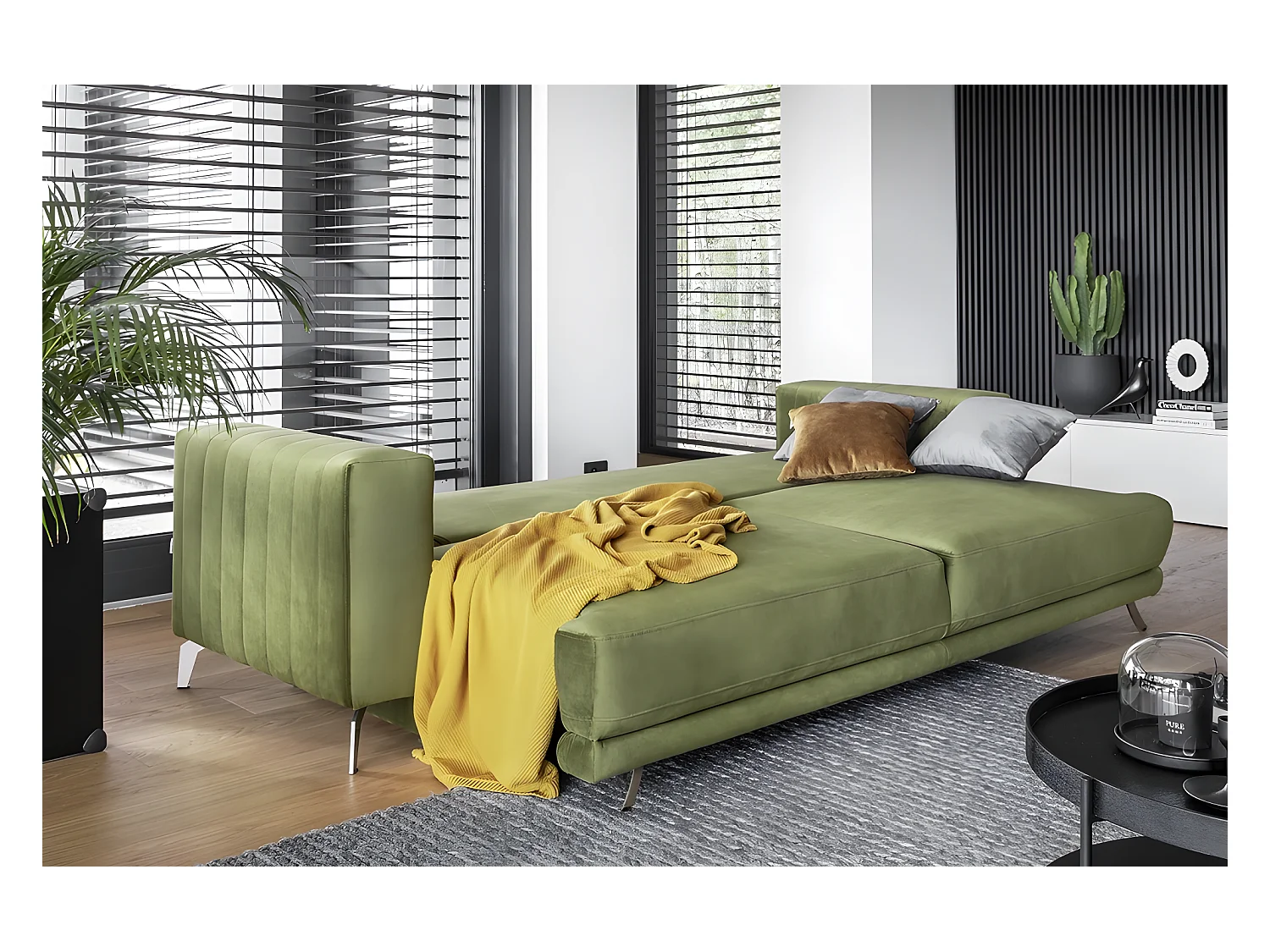Canapé 3/4 places convertible et espace de rangement - vert - en tissu de qualité luxe, ELSA