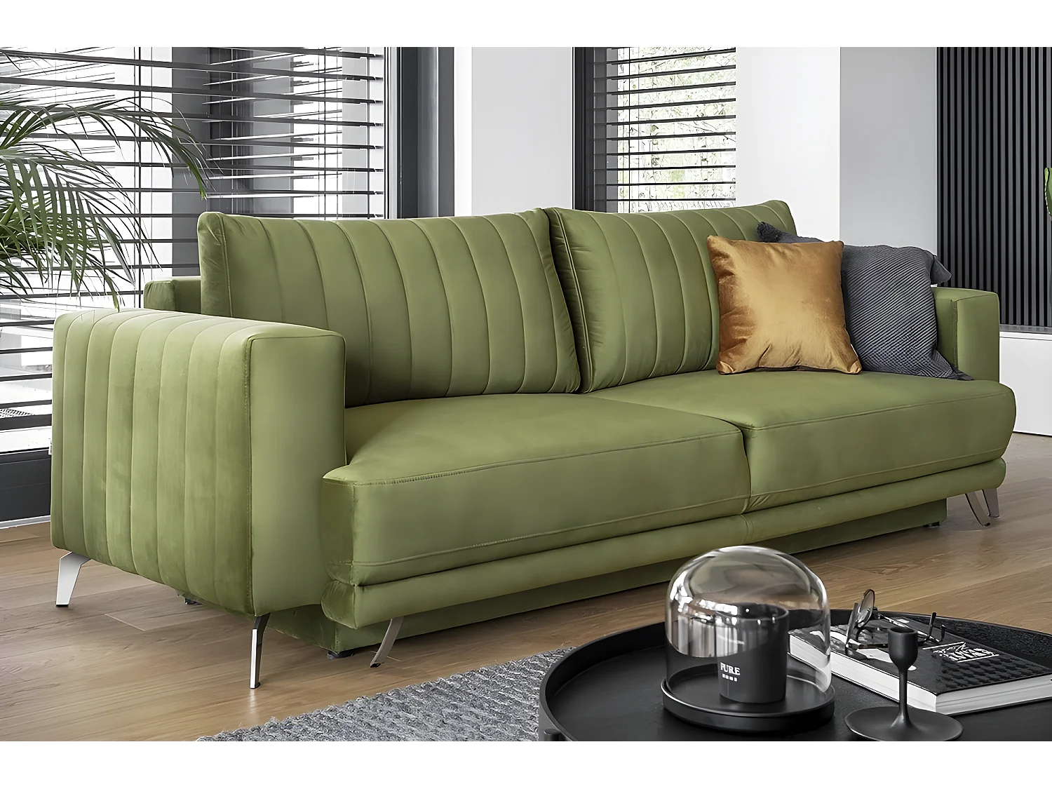 Canapé 3/4 places convertible et espace de rangement - vert - en tissu de qualité luxe, ELSA