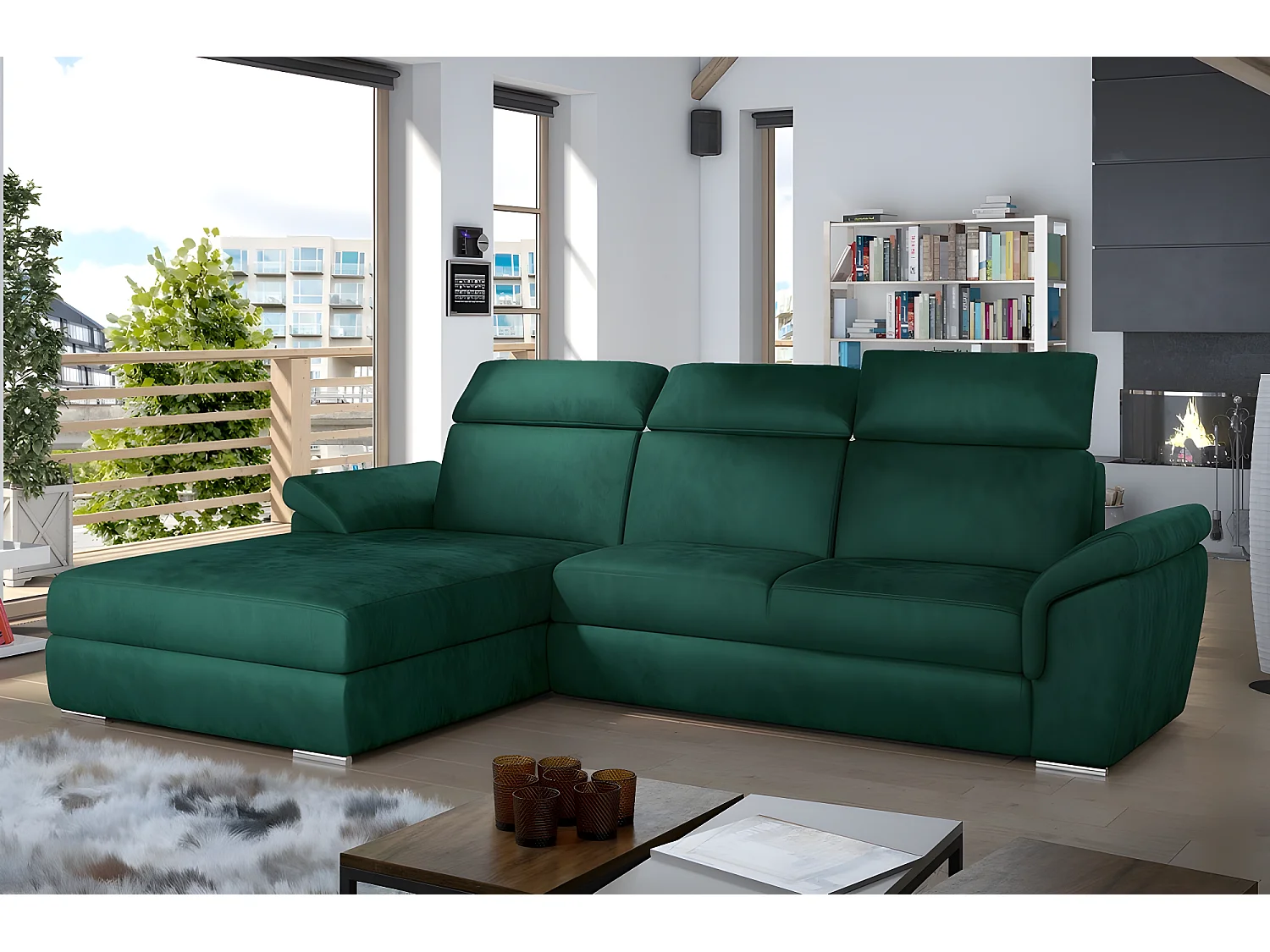 Canapé d'angle convertible en tissu velours Prestige, vert, 5 places, angle gauche (vu de face) - TRESOR