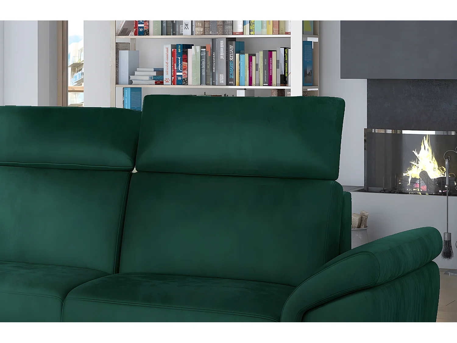 Canapé d'angle convertible en tissu velours Prestige, vert, 5 places, angle gauche (vu de face) - TRESOR