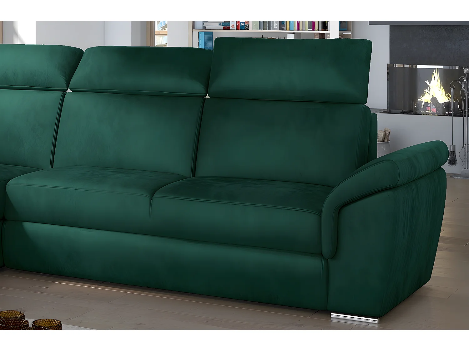Canapé d'angle convertible en tissu velours Prestige, vert, 5 places, angle gauche (vu de face) - TRESOR