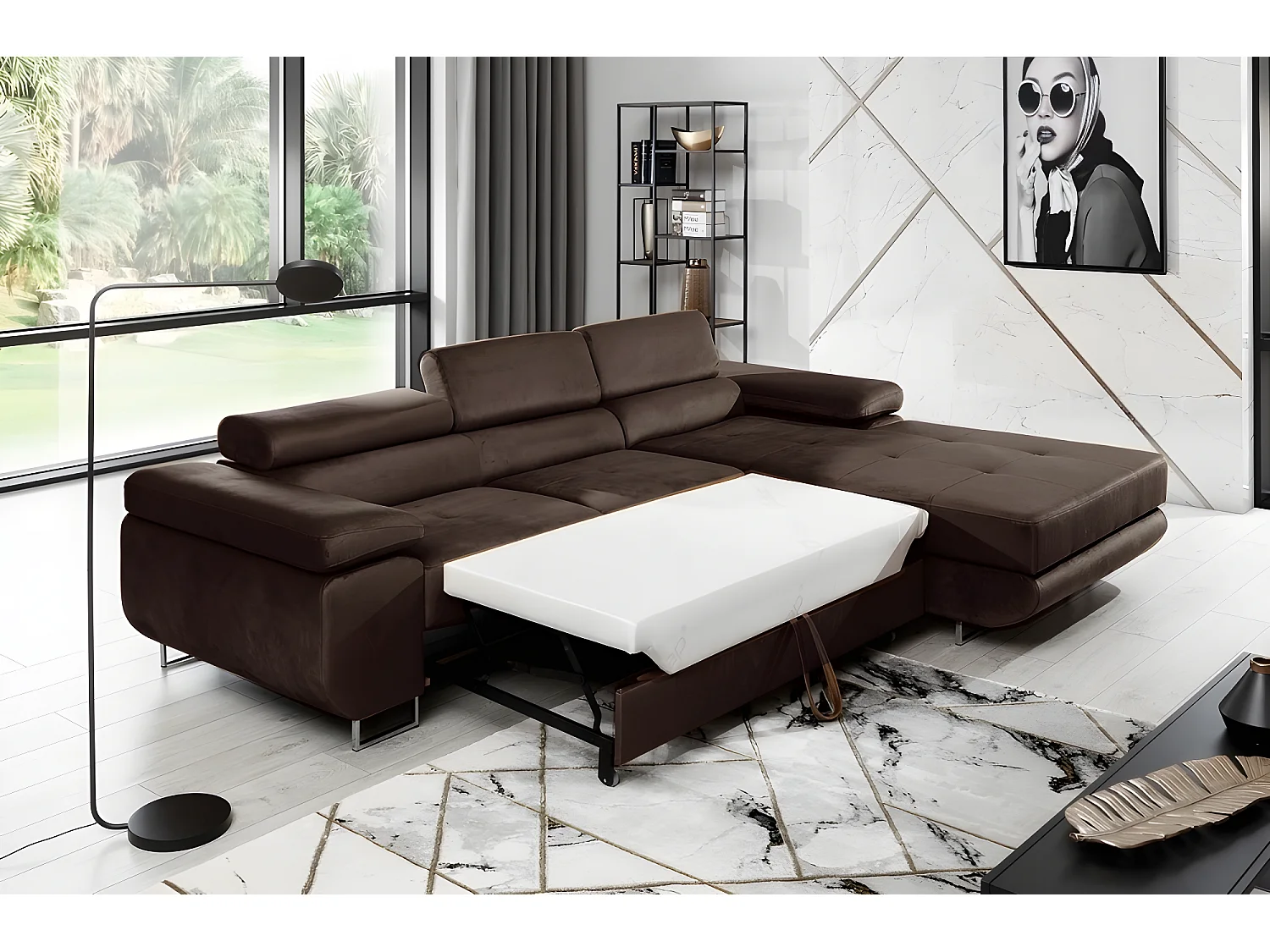 Canapé d'angle convertible ARMEL en tissu velours luxe 5 places, couleur chocolat, avec coffre, angle droit (vu de face)