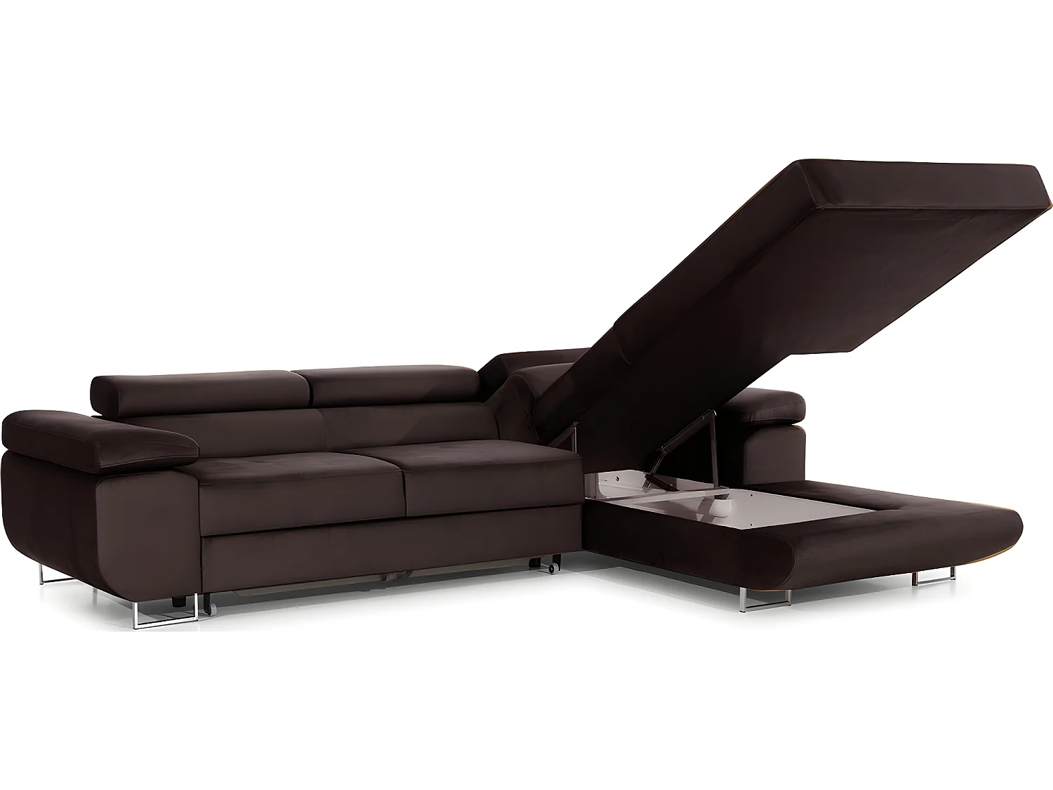 Canapé d'angle convertible ARMEL en tissu velours luxe 5 places, couleur chocolat, avec coffre, angle droit (vu de face)