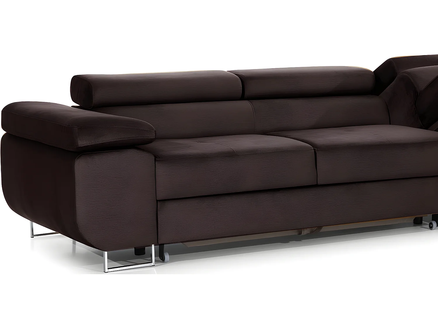 Canapé d'angle convertible ARMEL en tissu velours luxe 5 places, couleur chocolat, avec coffre, angle droit (vu de face)