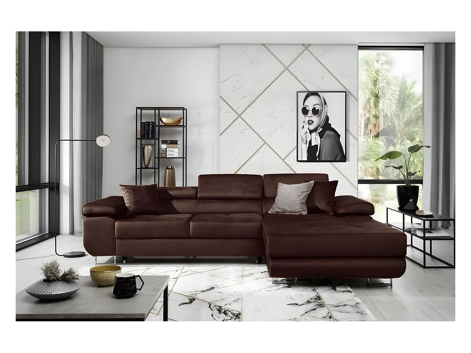 Canapé d'angle convertible ARMEL en tissu velours luxe 5 places, couleur chocolat, avec coffre, angle droit (vu de face)