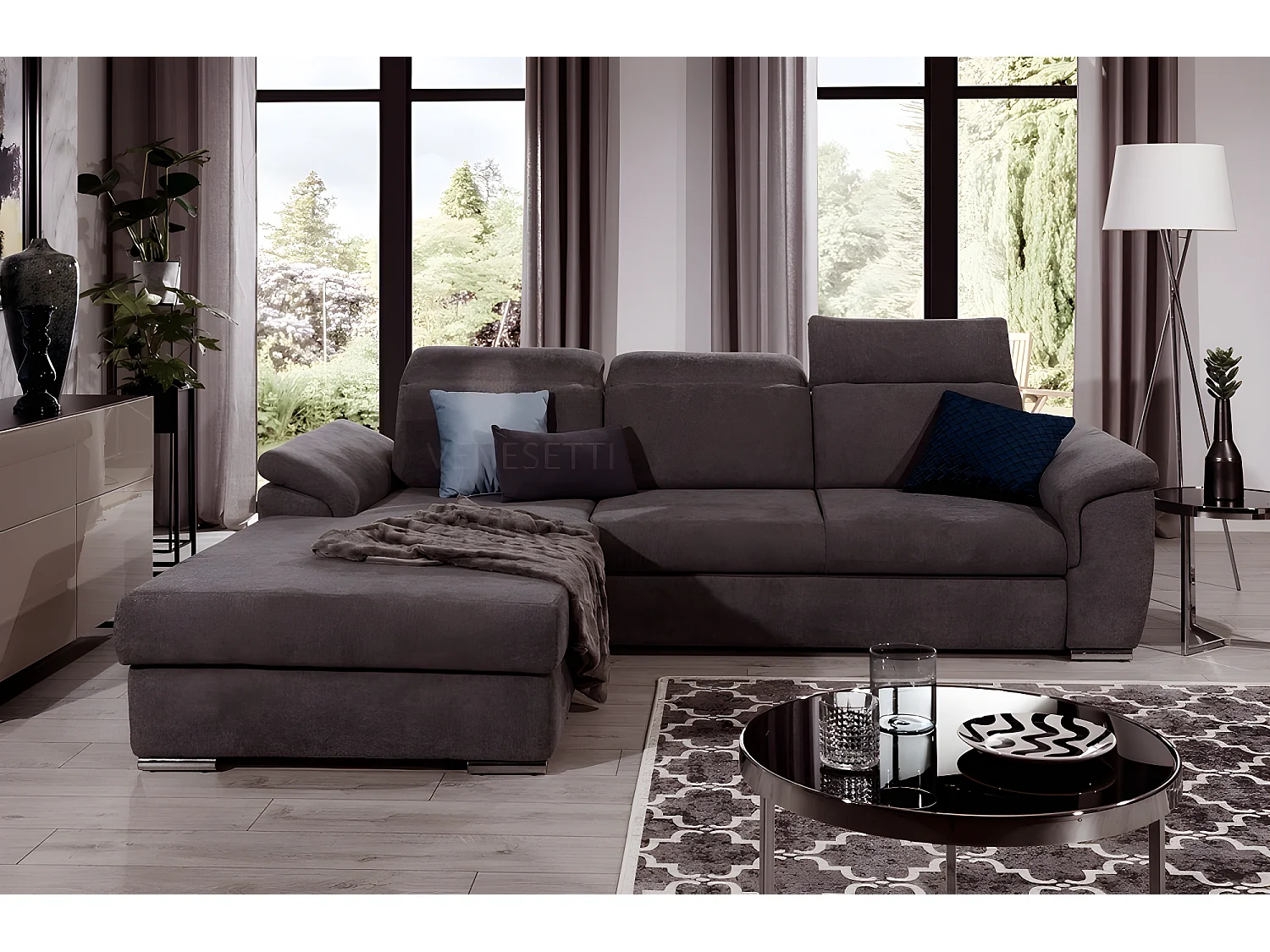 Canapé d'angle convertible en tissu Luxe, marron, 5 places, angle gauche (vu de face) , TRESOR