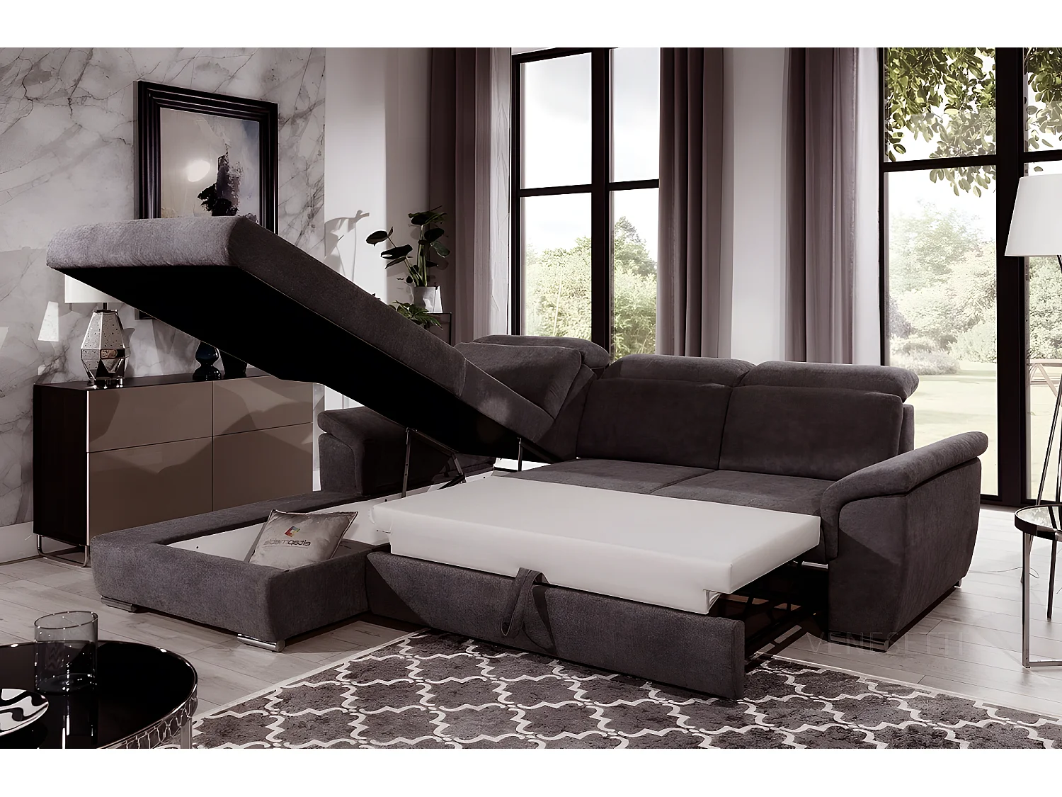 Canapé d'angle convertible en tissu Luxe, marron, 5 places, angle gauche (vu de face) , TRESOR